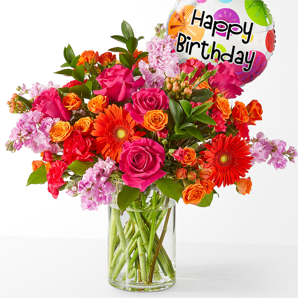 Fiesta Bouquet with Birthday Balloon – At All About Flowers Llc, Cincinnati OH