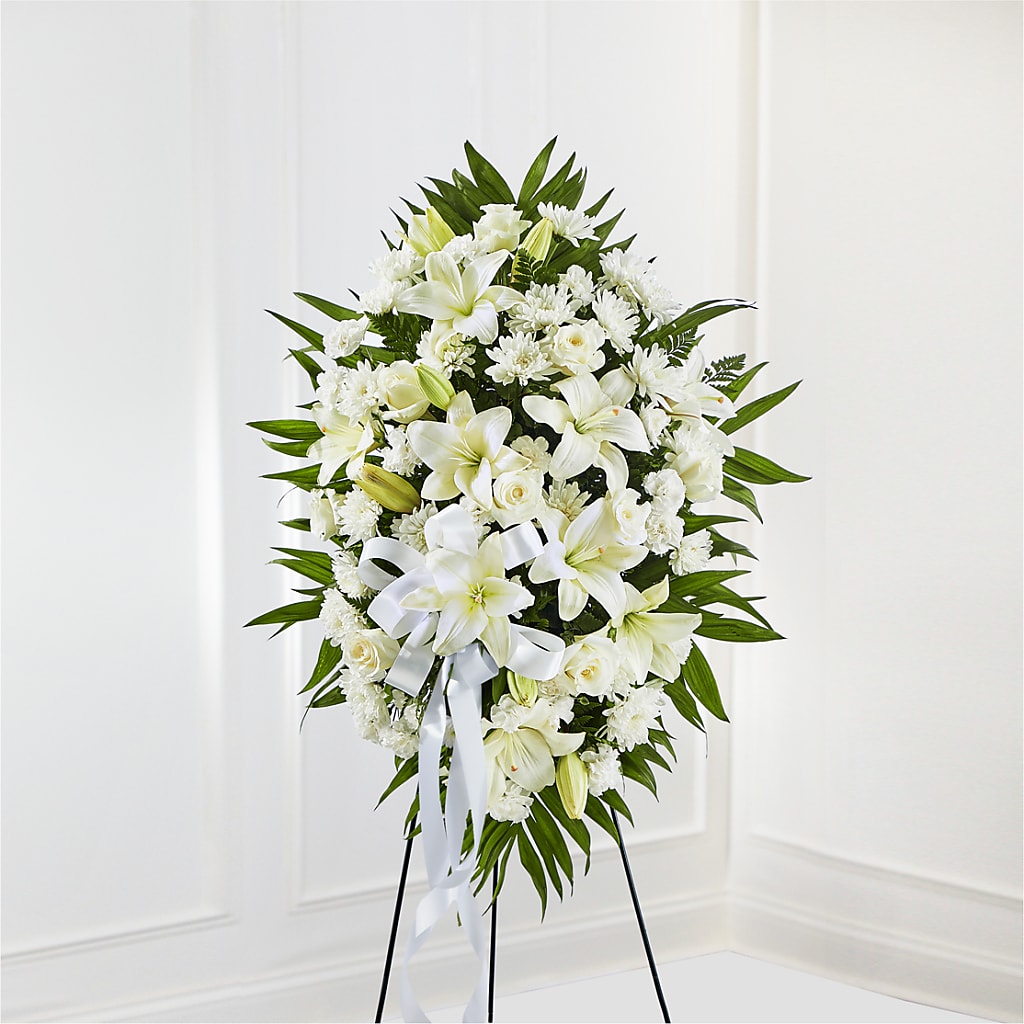 Exquisite Tribute Standing Spray-White Ribbon – At All About Flowers Llc, Cincinnati OH
